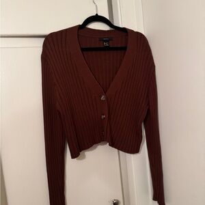Brown Ribbed Cardigan Sweater